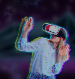 Image of Metaverse. Woman using virtual reality headset, glitch effect. Illustration of immersion into cyber space