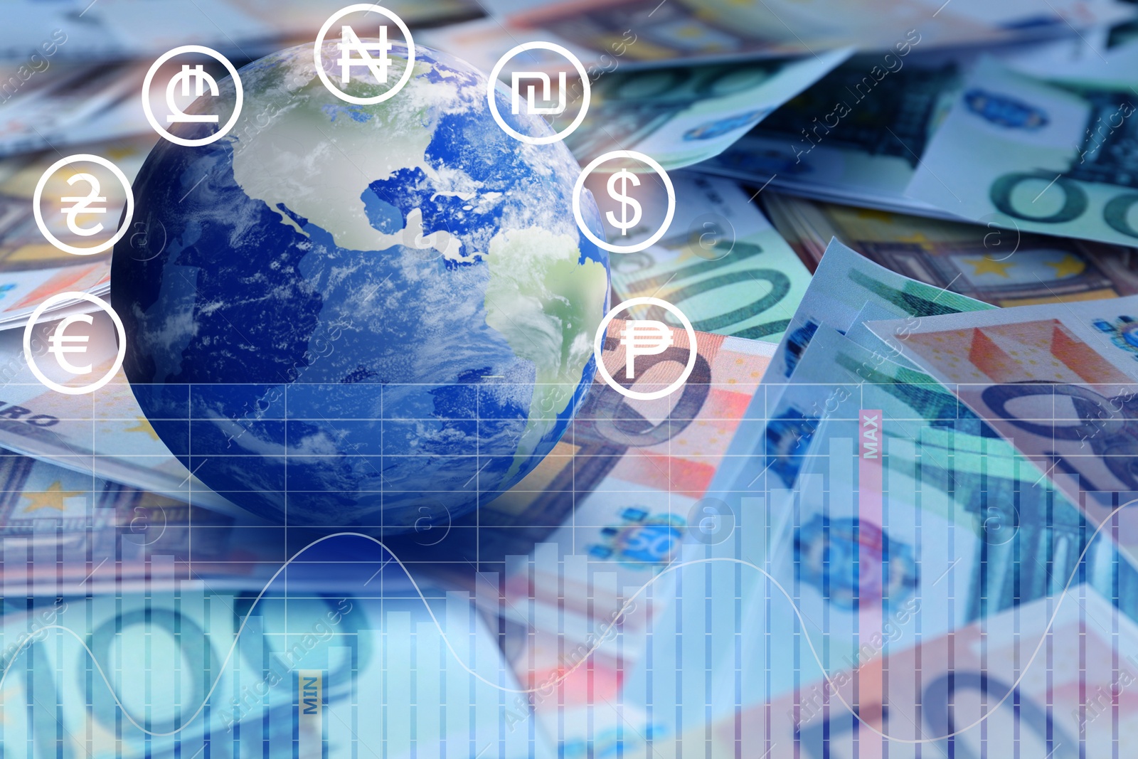 Image of Money exchange. Double exposure with euro banknotes, chart and illustration of planet with different currency symbols