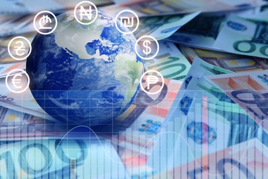 Image of Money exchange. Double exposure with euro banknotes, chart and illustration of planet with different currency symbols