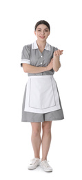 Photo of Young chambermaid in uniform on white background