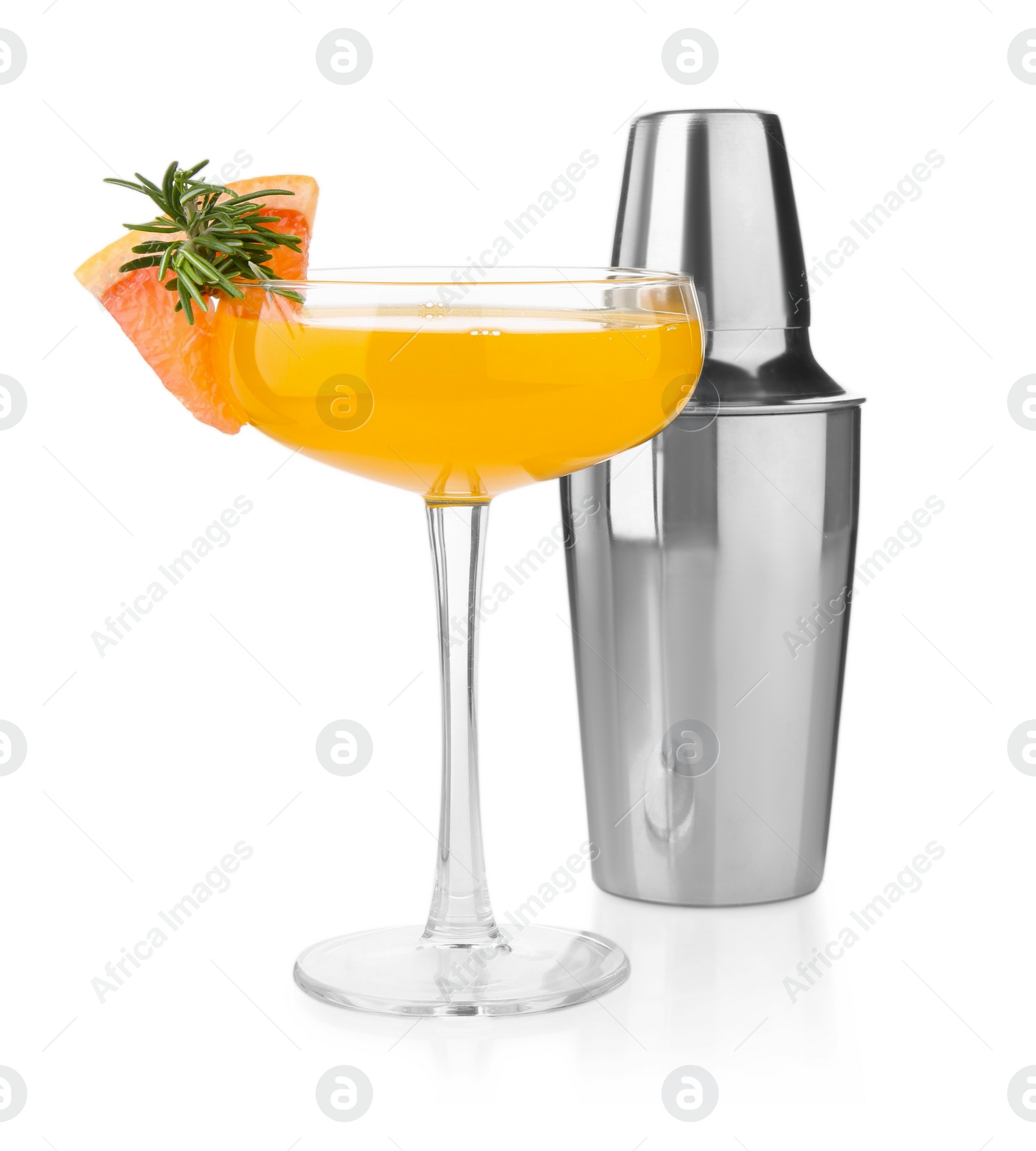 Photo of Metal shaker and delicious cocktail isolated on white