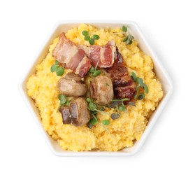 Photo of Cooked cornmeal with bacon, mushrooms and microgreens in bowl isolated on white, top view