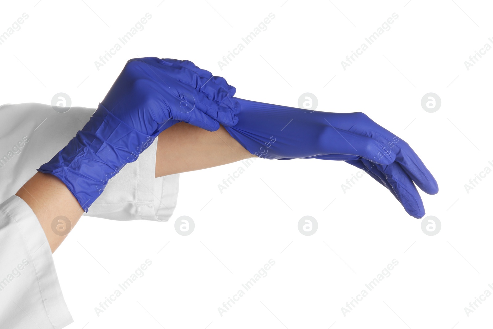 Photo of Doctor wearing medical gloves on white background