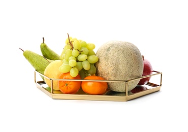 Photo of Metal tray with fresh tropical fruits on white background