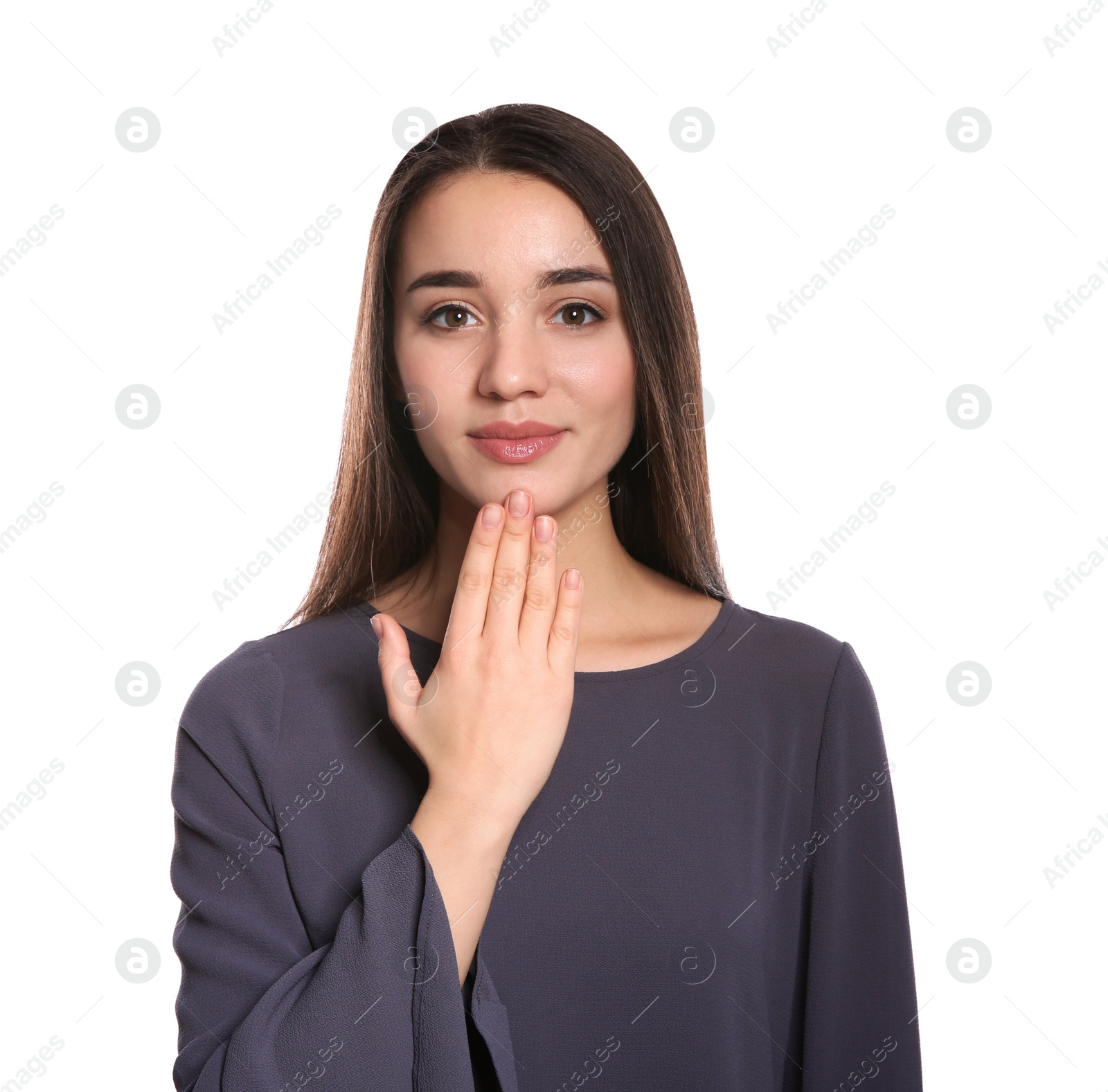 Photo of Woman showing THANK YOU gesture in sign language on white background