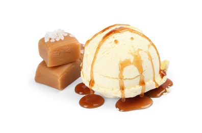 Delicious ice cream with salted caramel and sauce on white background