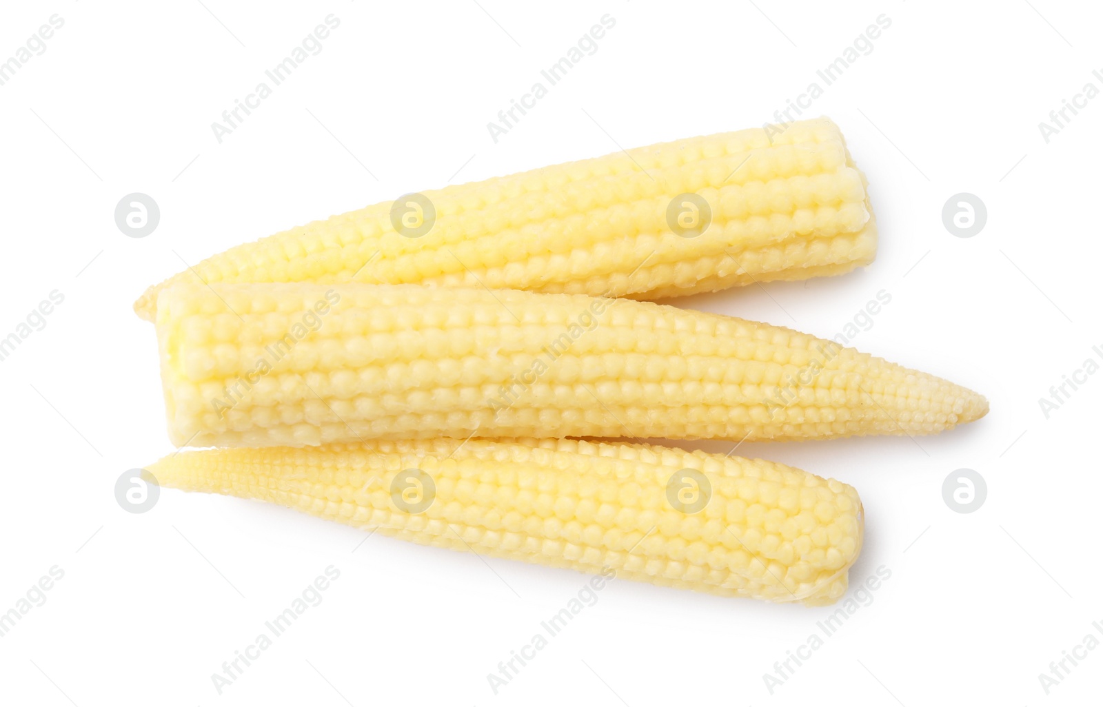 Photo of Tasty fresh baby corns isolated on white, top view