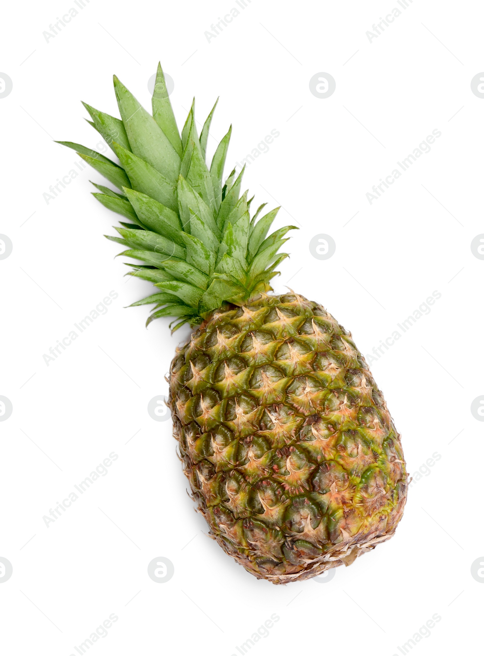 Photo of Whole ripe pineapple on white background, top view. Space for text