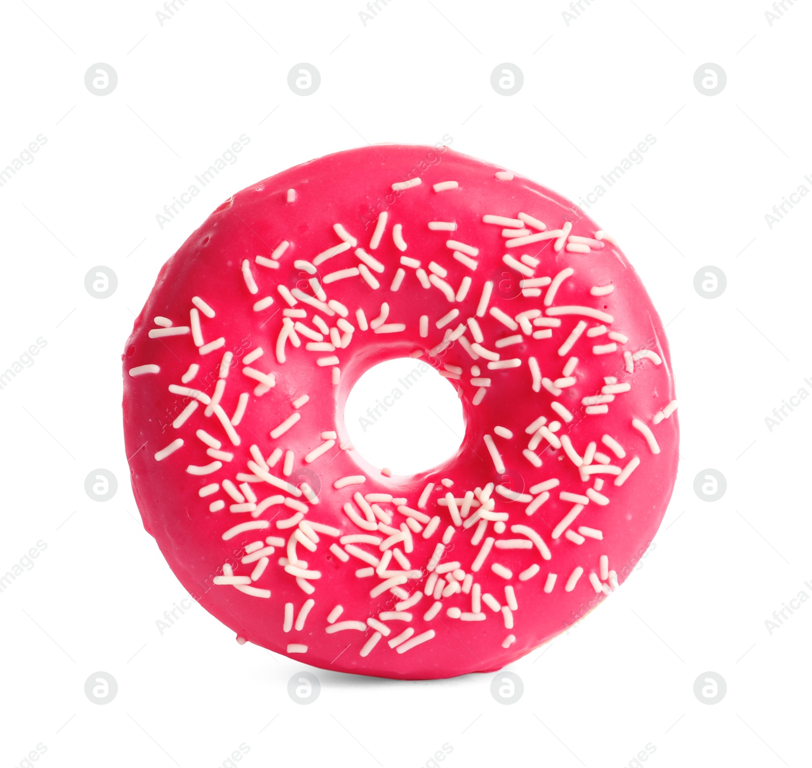 Photo of Delicious glazed doughnut with sprinkles on white background