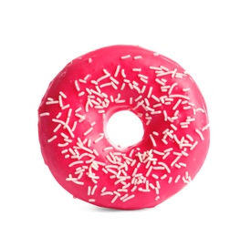 Photo of Delicious glazed doughnut with sprinkles on white background