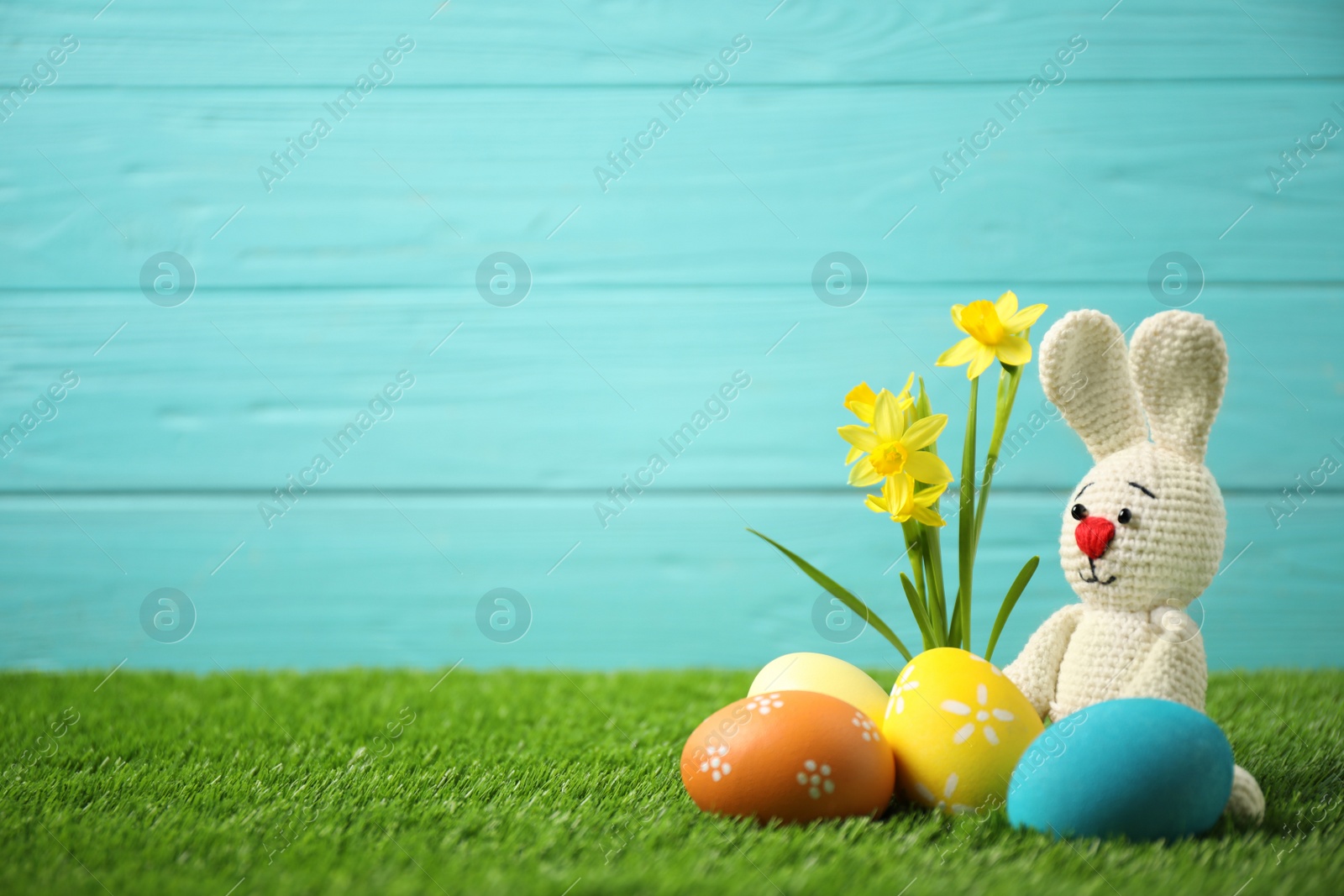 Photo of Colorful Easter eggs, rabbit and narcissus flowers in green grass against light blue background. Space for text