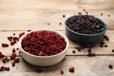 Photo of Dried red and black currant berries on wooden table