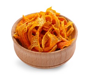 Photo of Dry orange peels in wooden bowl isolated on white