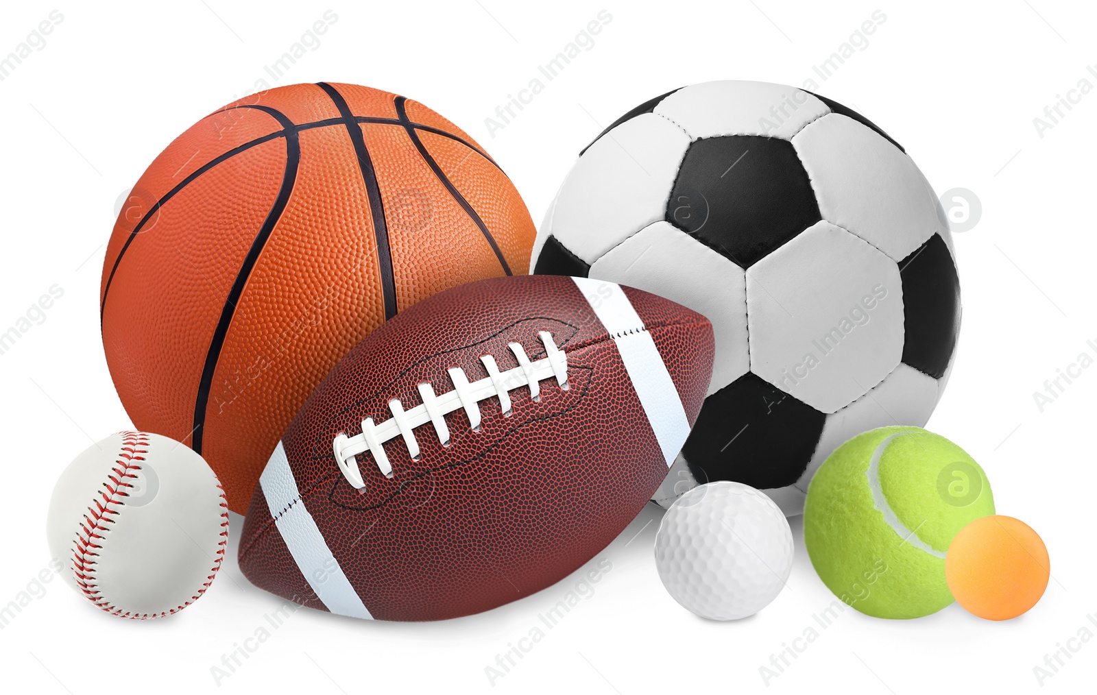 Image of Group of different sport balls on white background