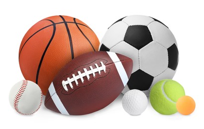 Image of Group of different sport balls on white background