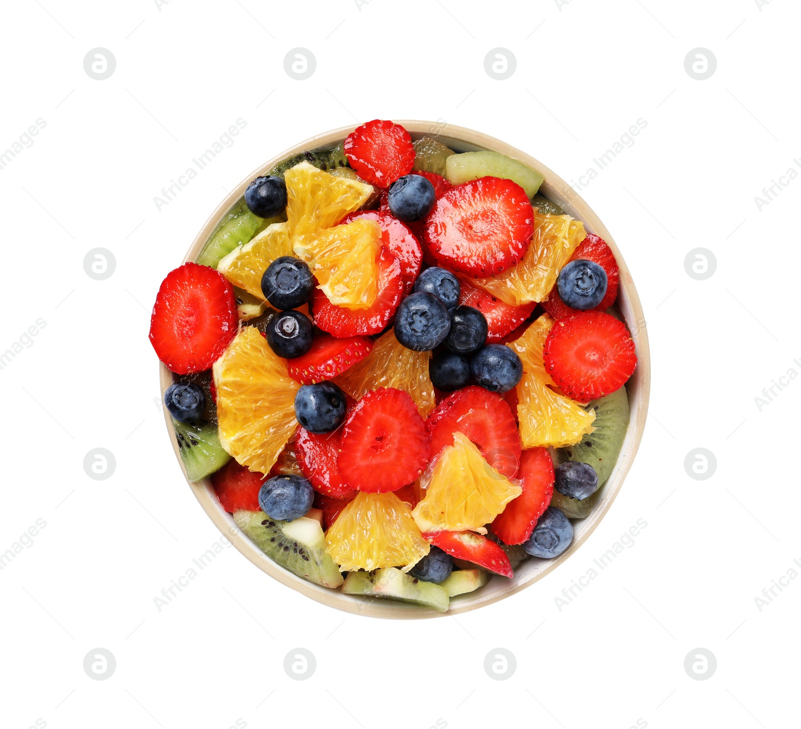 Photo of Tasty fruit salad in bowl isolated on white, top view