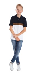 Photo of Full length portrait of teenage boy on white background