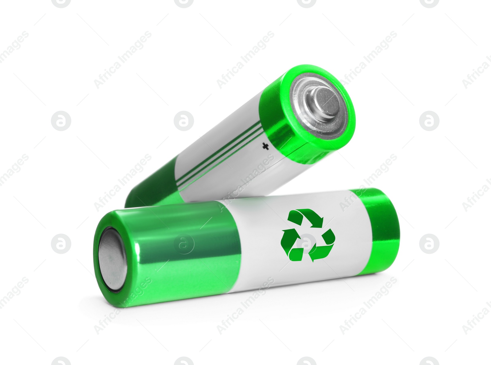 Image of Batteries with recycle symbols on white background