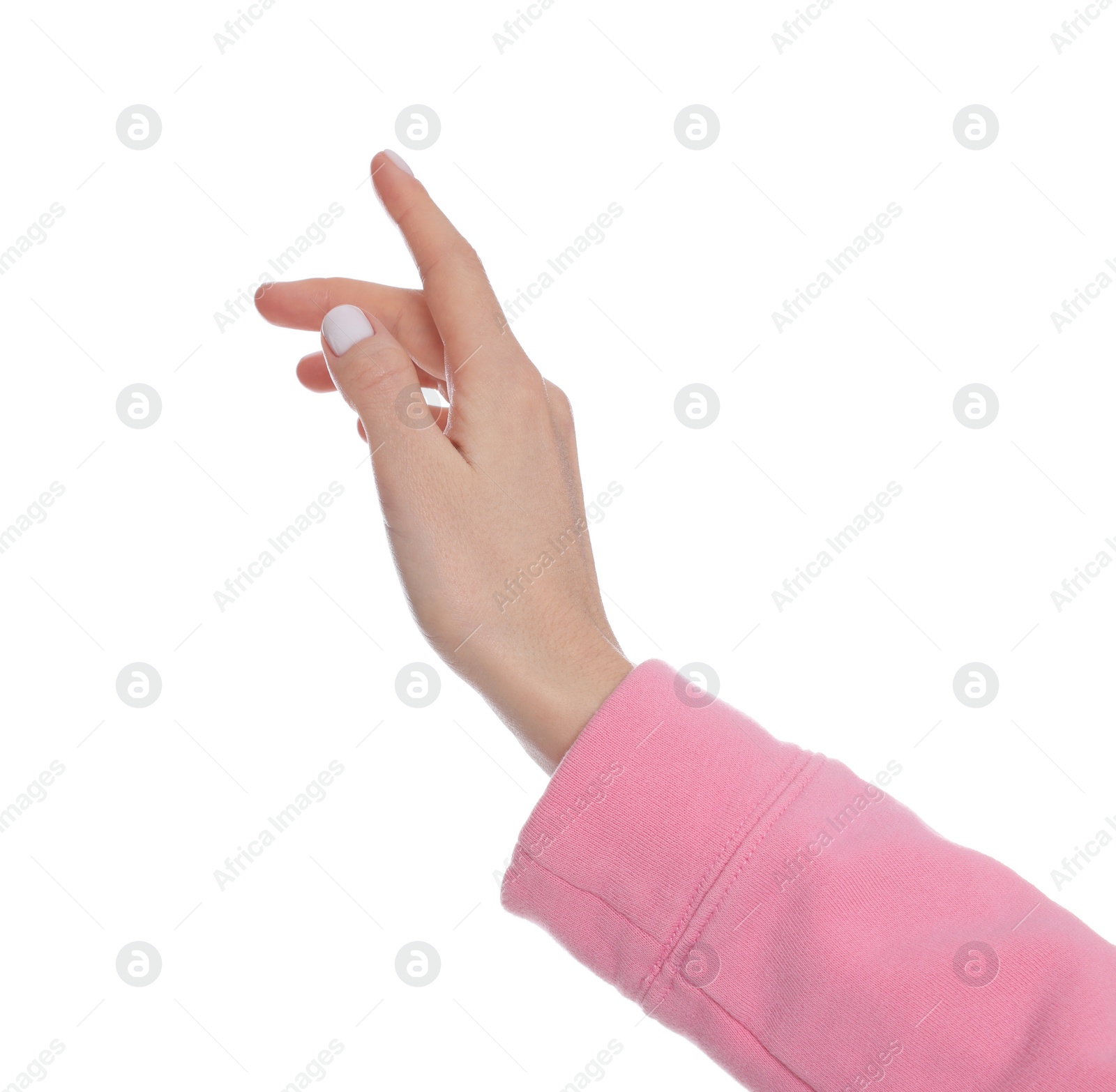 Photo of Woman holding something on white background, closeup of hand