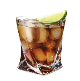 Photo of Glass of cocktail with cola, ice and cut lime on white background