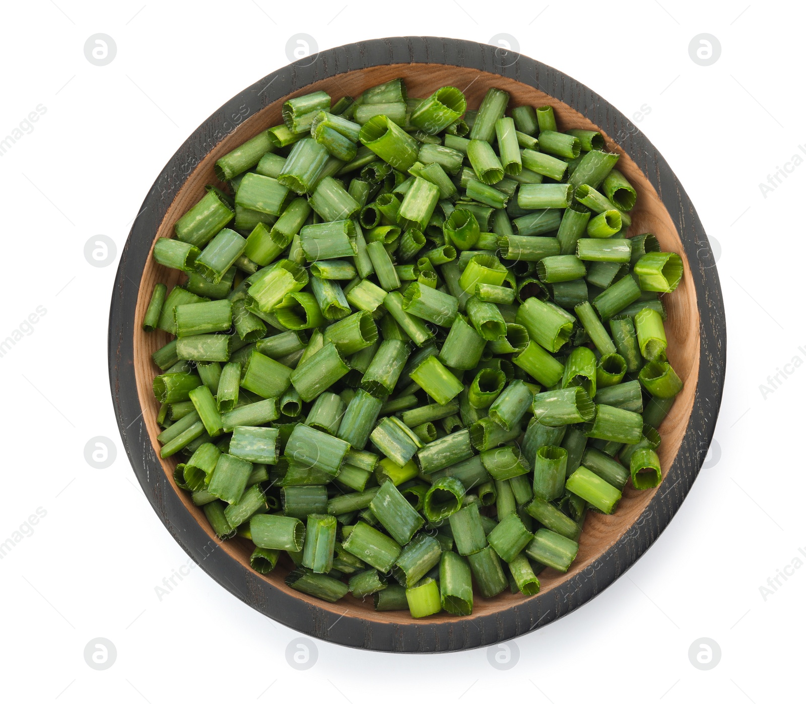 Photo of Bowl with chopped green onion on white background, top view