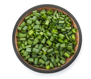 Bowl with chopped green onion on white background, top view