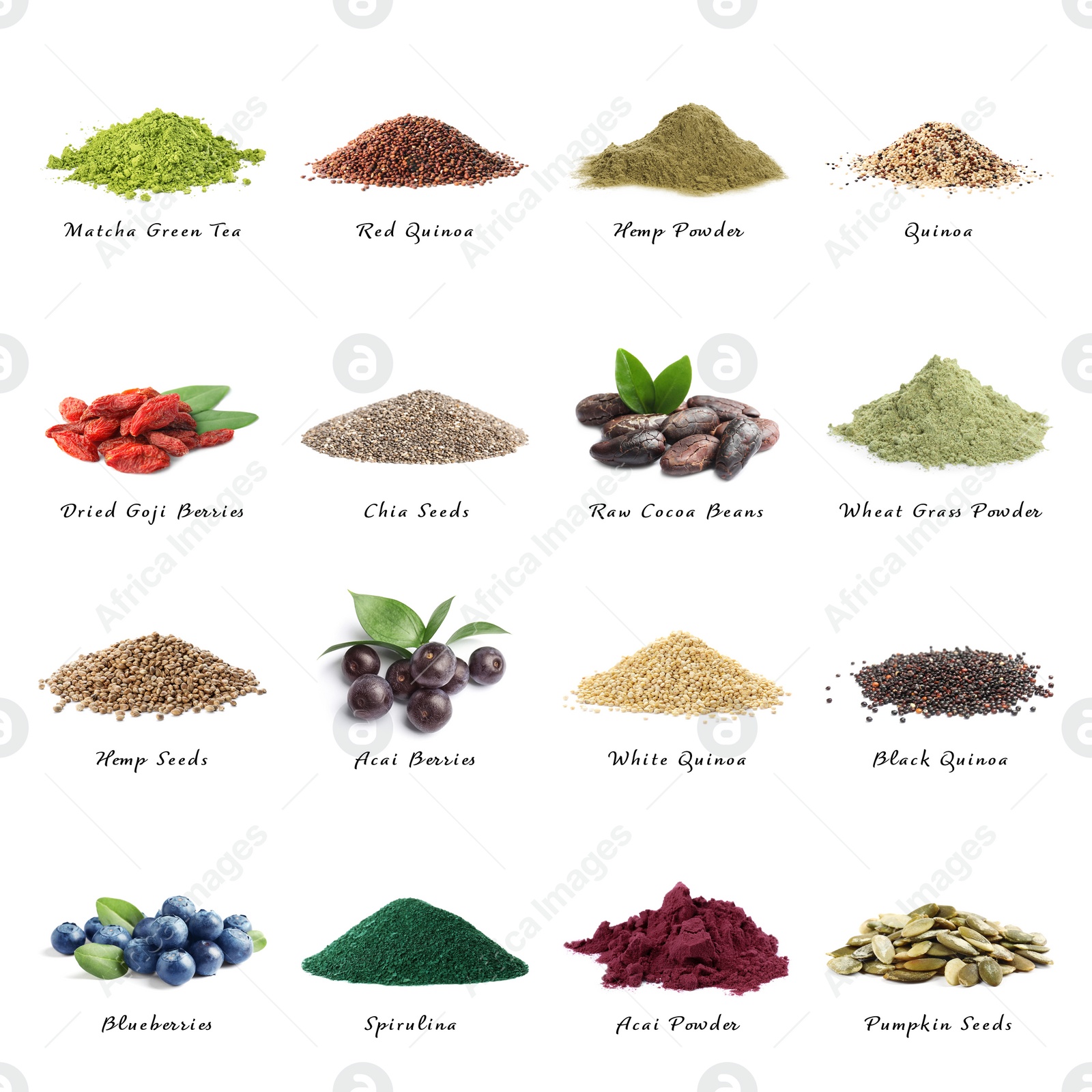 Image of Set of different superfoods on white background