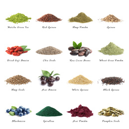 Image of Set of different superfoods on white background