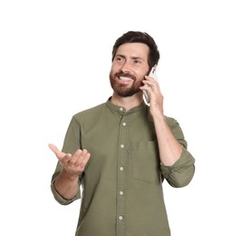 Photo of Handsome man talking on phone against white background