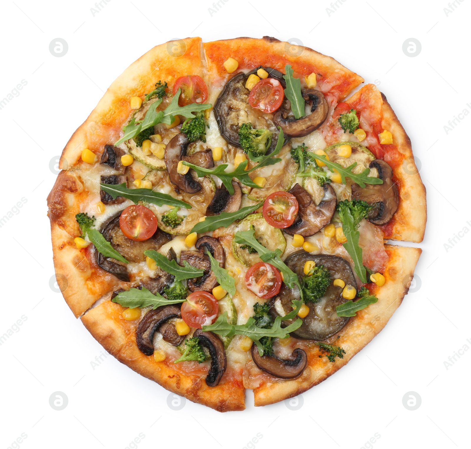 Photo of Delicious vegetarian pizza with mushrooms, vegetables and arugula isolated on white, top view