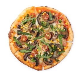 Photo of Delicious vegetarian pizza with mushrooms, vegetables and arugula isolated on white, top view