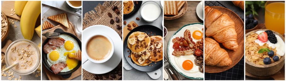 Image of Assortment of tasty breakfasts. Collage with different meals and drinks