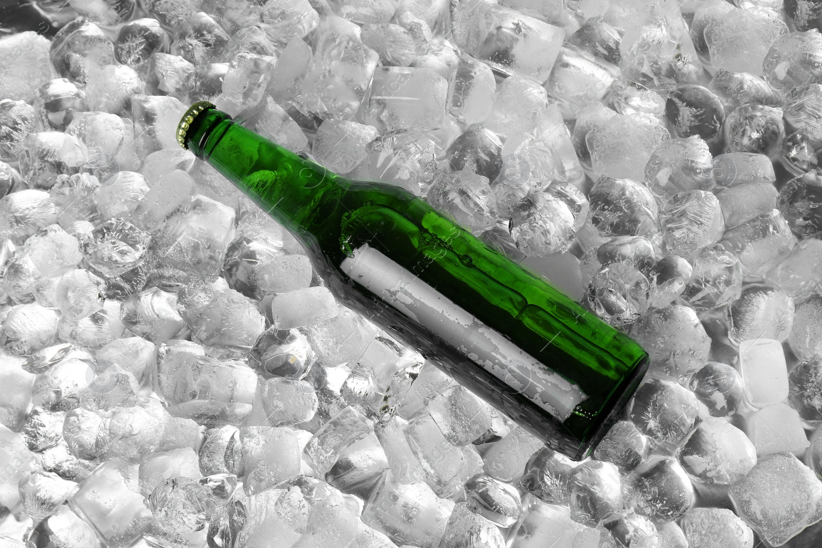 Photo of Bottle of beer on ice cubes, top view