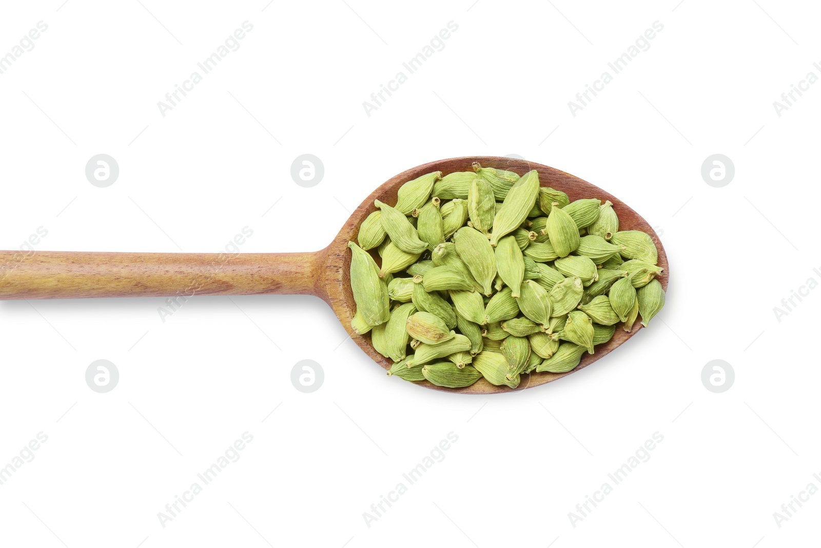 Photo of Wooden spoon full of cardamom on white background, top view