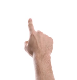 Man pointing at something on white background, closeup of hand