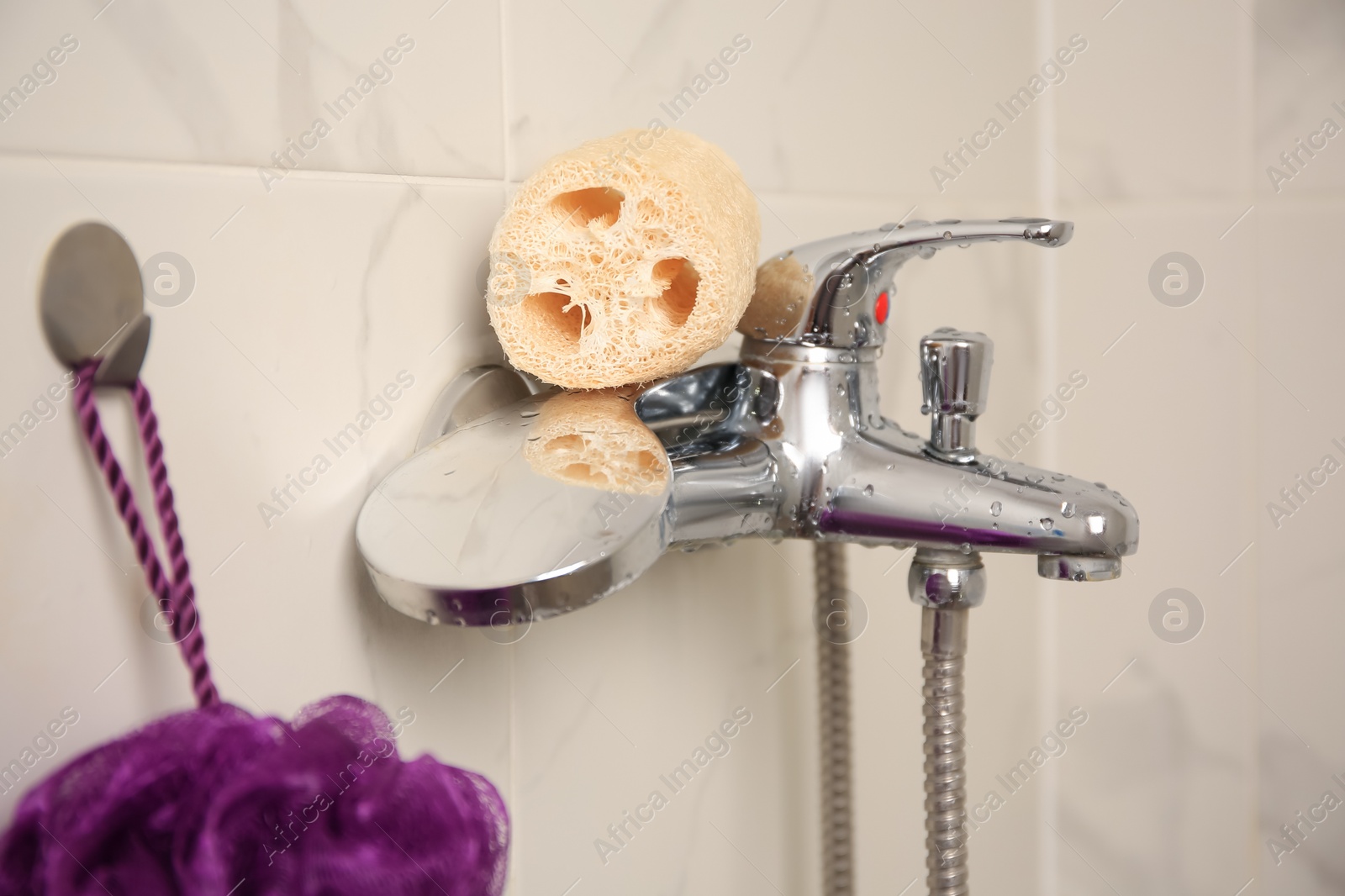 Photo of Purple shower puff and loofah sponge in bathroom