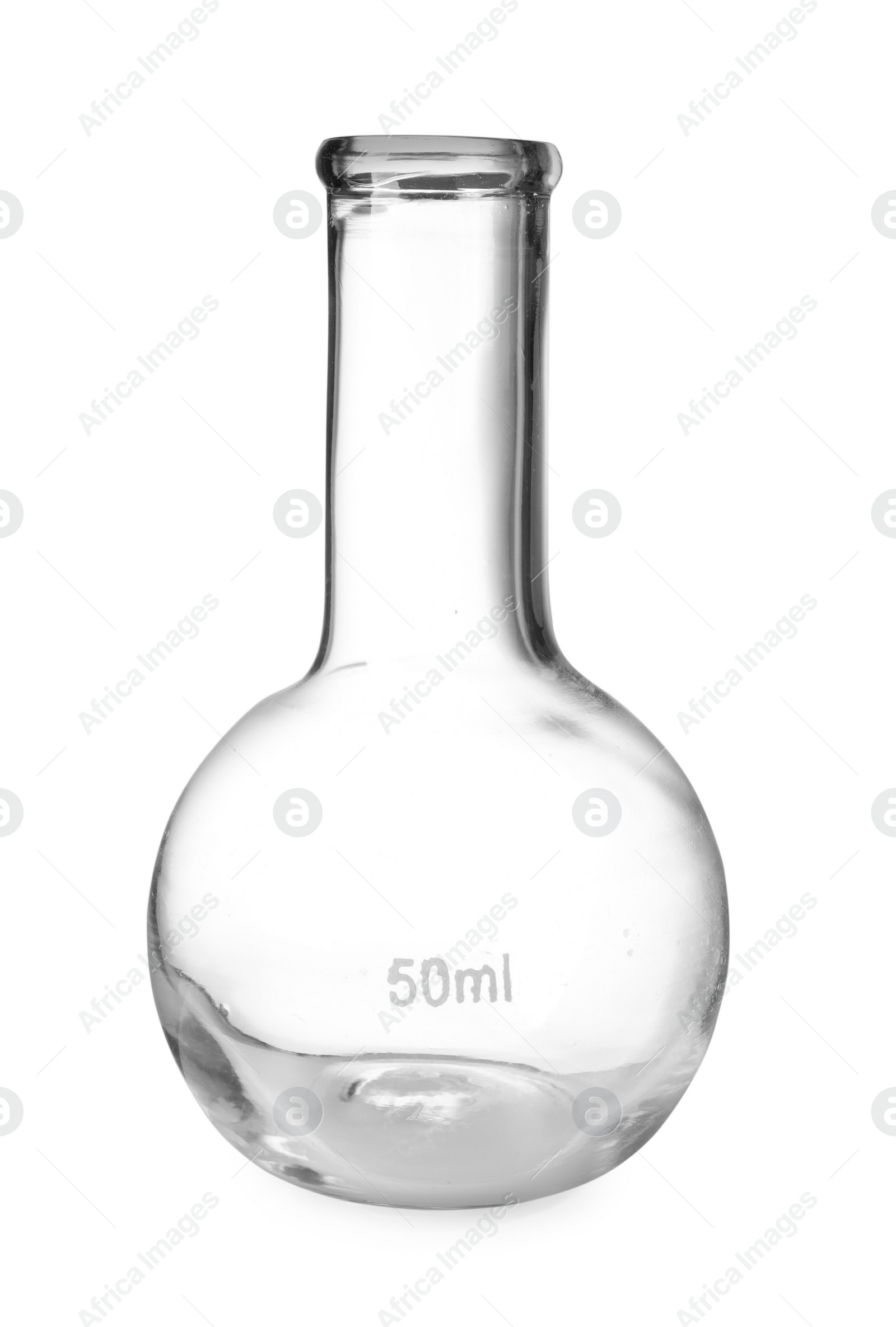 Photo of One empty laboratory flask isolated on white