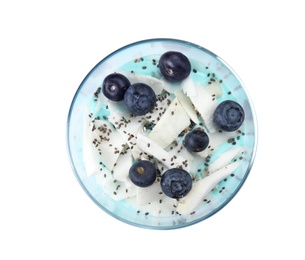 Glass cup of spirulina smoothie isolated on white, top view