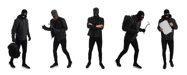 Collage with photos of man in balaclavas on white background