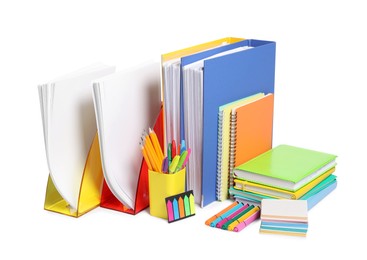 Photo of Bright office folders and different stationery isolated on white