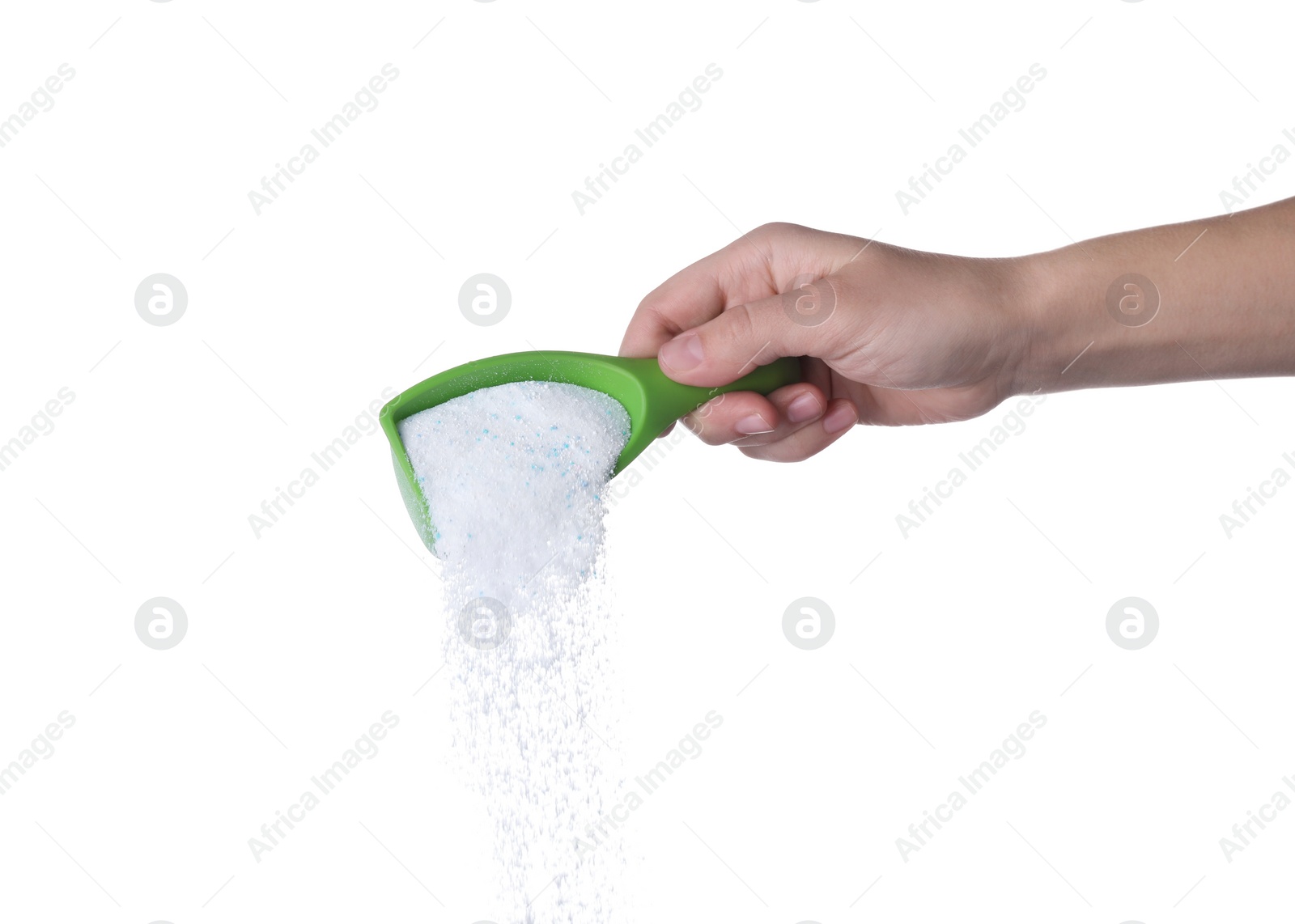 Photo of Woman pouring laundry detergent from measuring container against white background, closeup