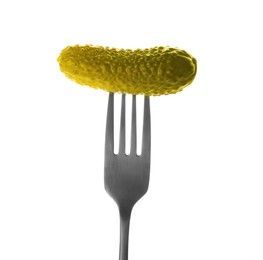Fork with tasty pickled cucumber isolated on white