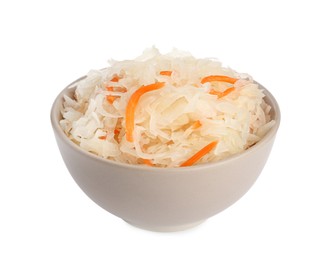 Photo of Bowl of tasty fermented cabbage with carrot isolated on white