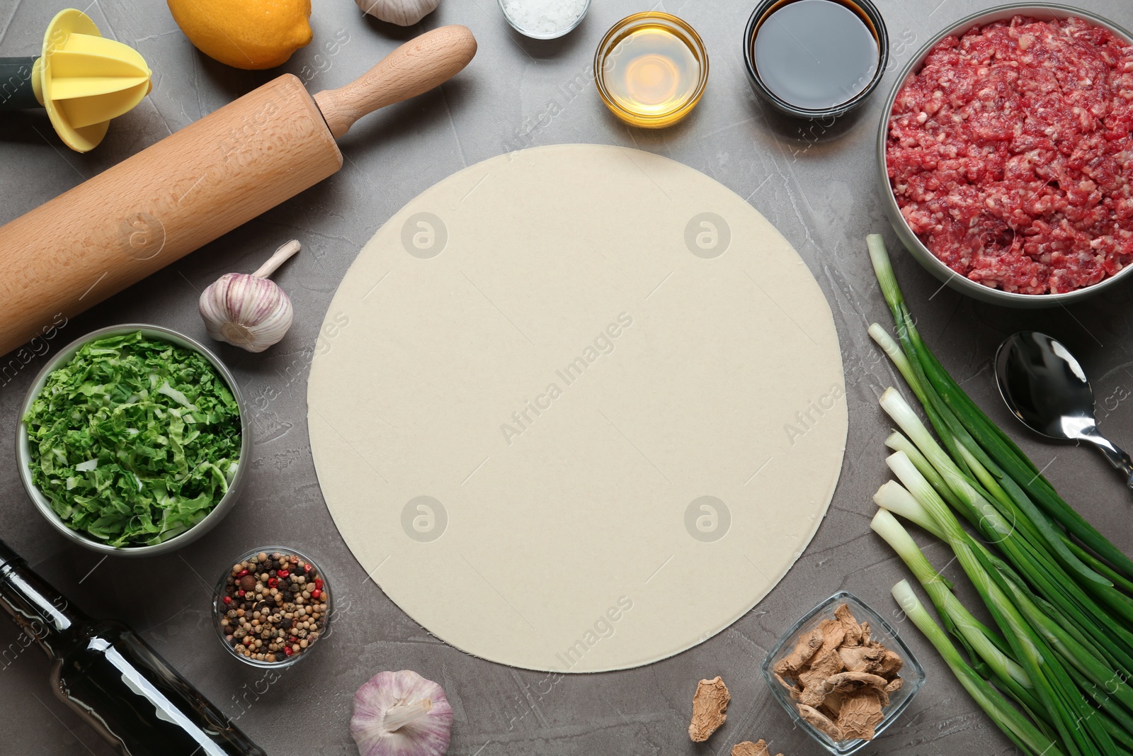 Photo of Flat lay composition with dough and other ingredients for gyoza on light grey table