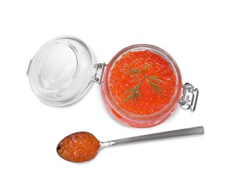 Photo of Delicious red caviar and dill on white background, top view