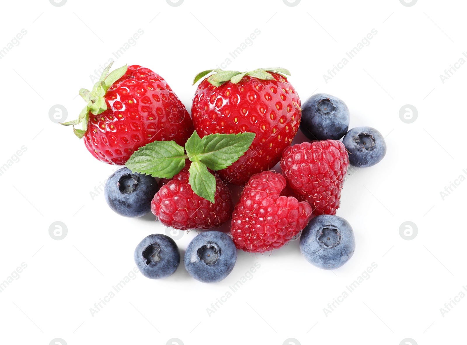 Photo of Many different ripe berries and mint leaves isolated on white