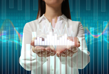 Image of Forex trading. Double exposure of woman and charts