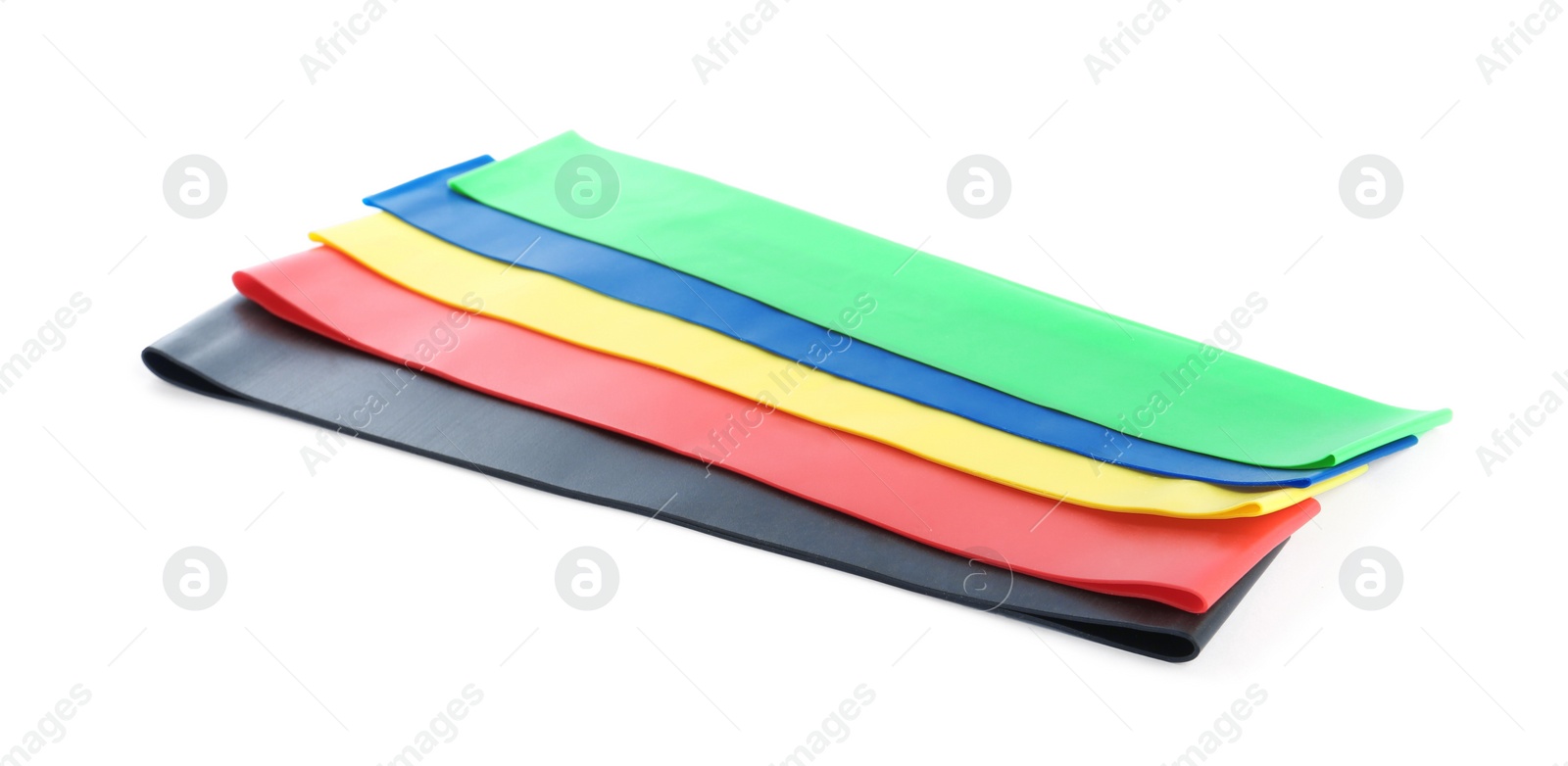 Photo of Set of fitness elastic bands on white background