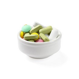 Photo of Different vitamin capsules in bowl isolated on white