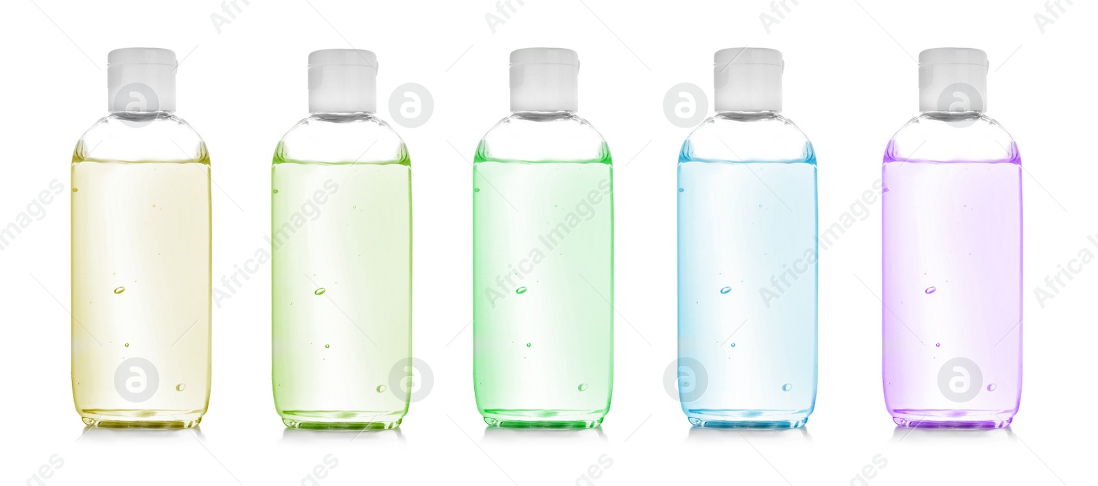 Image of Set of different antibacterial hand gels on white background. Banner design